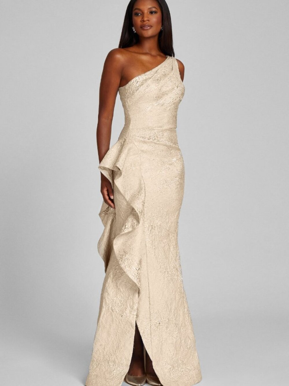 Teri Jon by Rickie Freeman One-Shoulder Metallic Jacquard Gown – Gold – Size 16